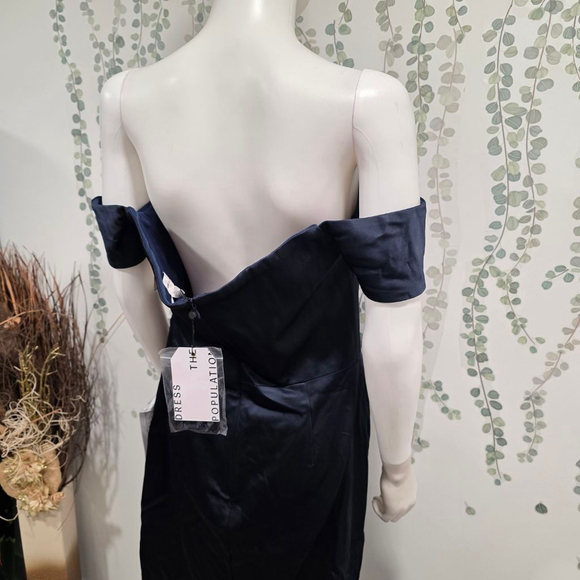 Dress The Population Navy Off Shoulder Satin Midi Cocktail Dress XL NWT - Picture 8 of 14
